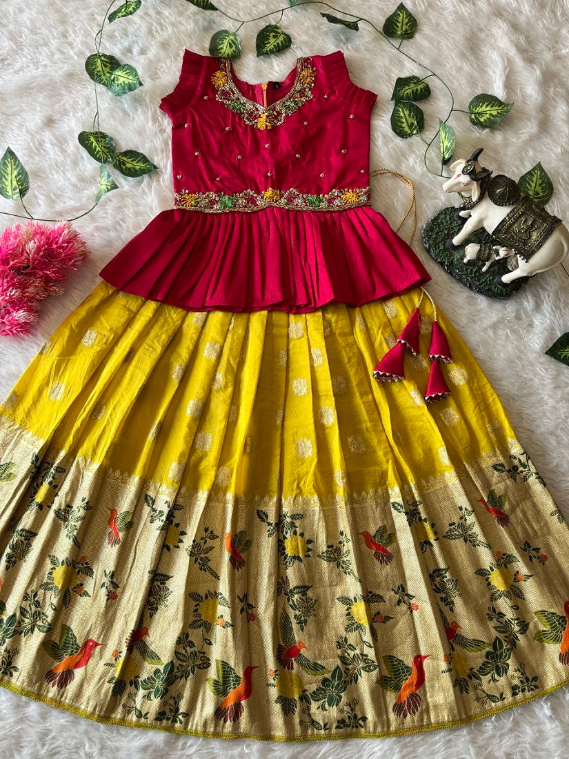 Evanik Red Soft Khadi Georgette With Beutifull Handwork Kids Lehenga Choli | Grocsy