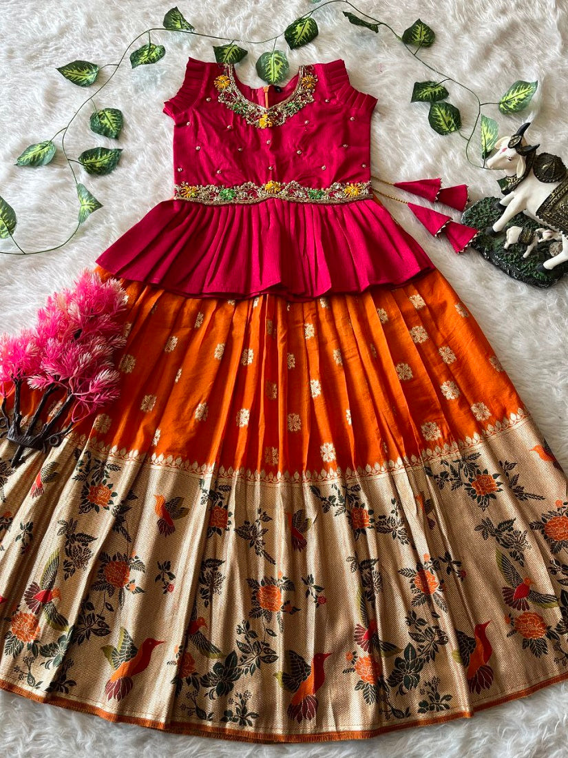 Evanik Pink Soft Khadi Georgette With Beutifull Handwork Kids Lehenga Choli | Grocsy