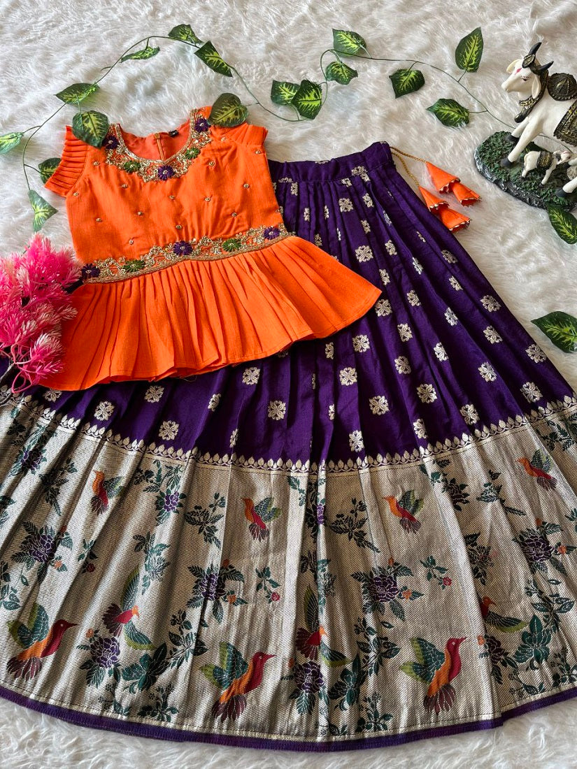 Evanik Orange Soft Khadi Georgette With Beutifull Handwork Kids Lehenga Choli | Grocsy