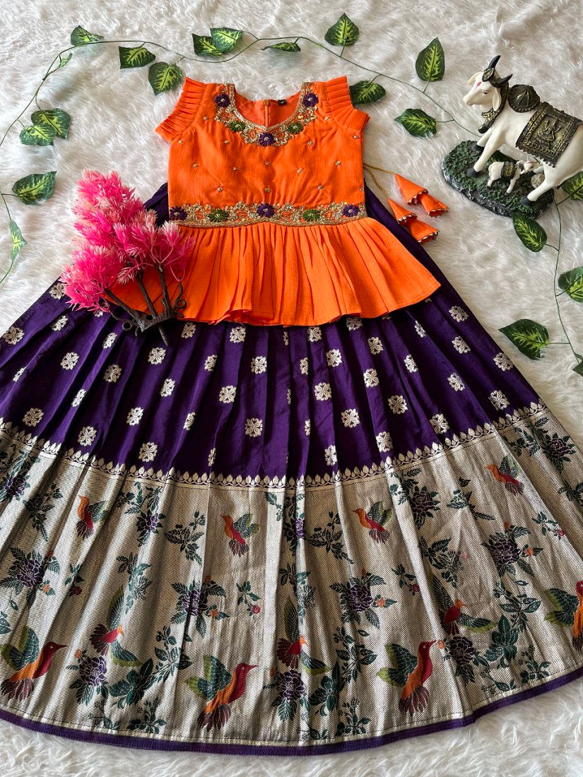 Evanik Orange Soft Khadi Georgette With Beutifull Handwork Kids Lehenga Choli | Grocsy