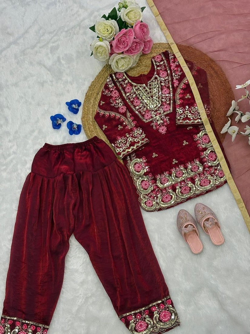 Evanik Maroon Girls Maroon Silk Embroidered Kurta Farshi Palazzo Set With Dupatta - Festive Wear | Grocsy