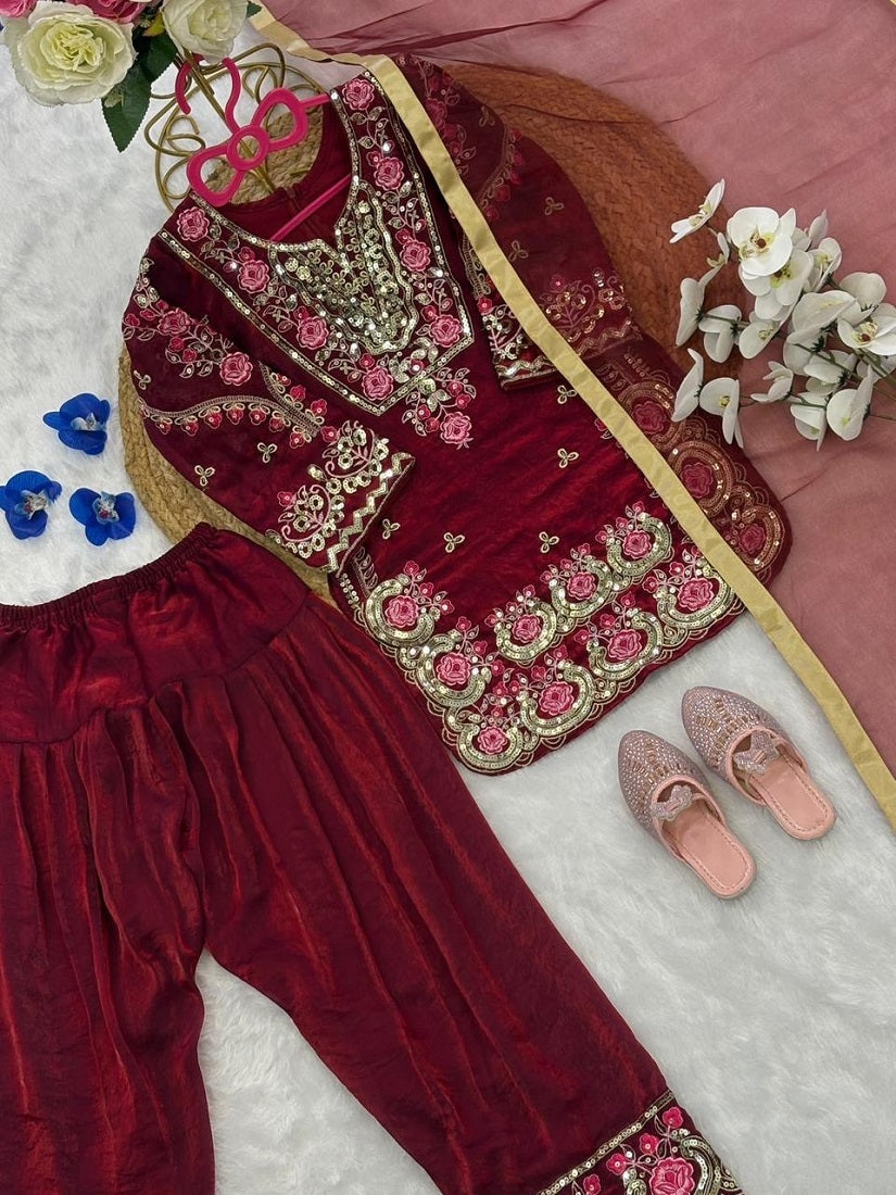 Evanik Maroon Girls Maroon Silk Embroidered Kurta Farshi Palazzo Set With Dupatta - Festive Wear | Grocsy
