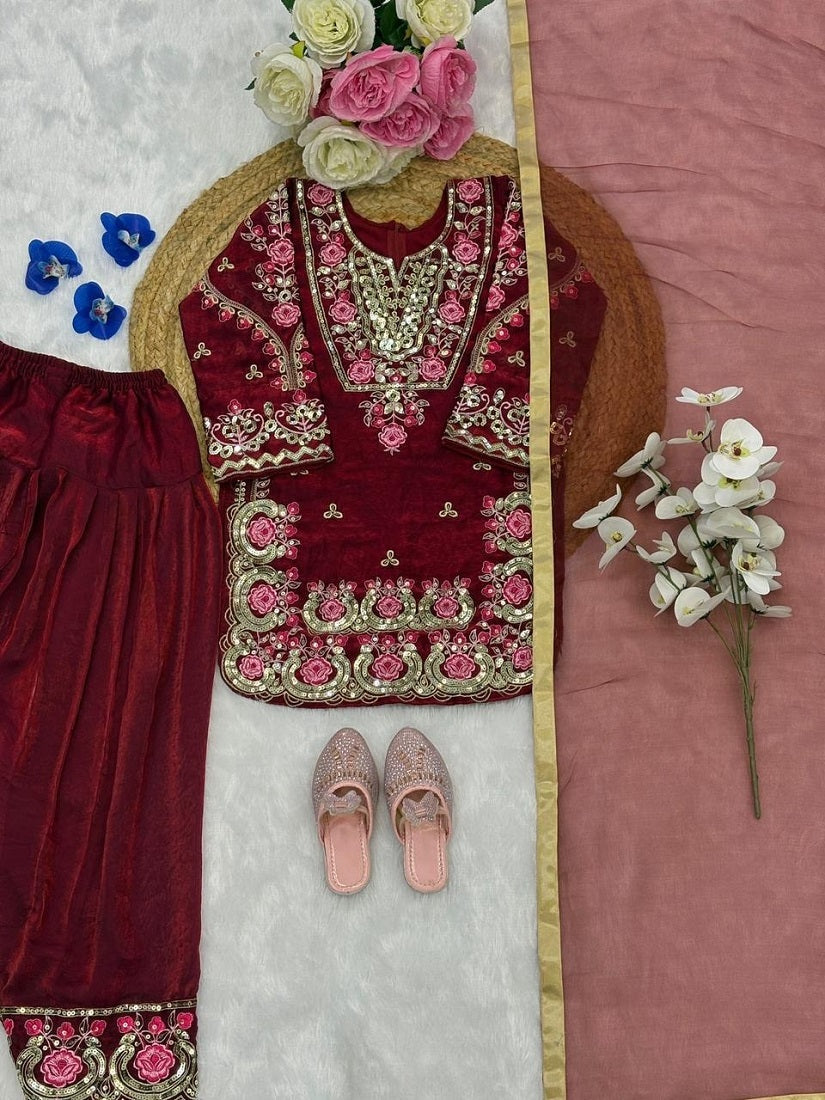 Evanik Maroon Girls Maroon Silk Embroidered Kurta Farshi Palazzo Set With Dupatta - Festive Wear | Grocsy