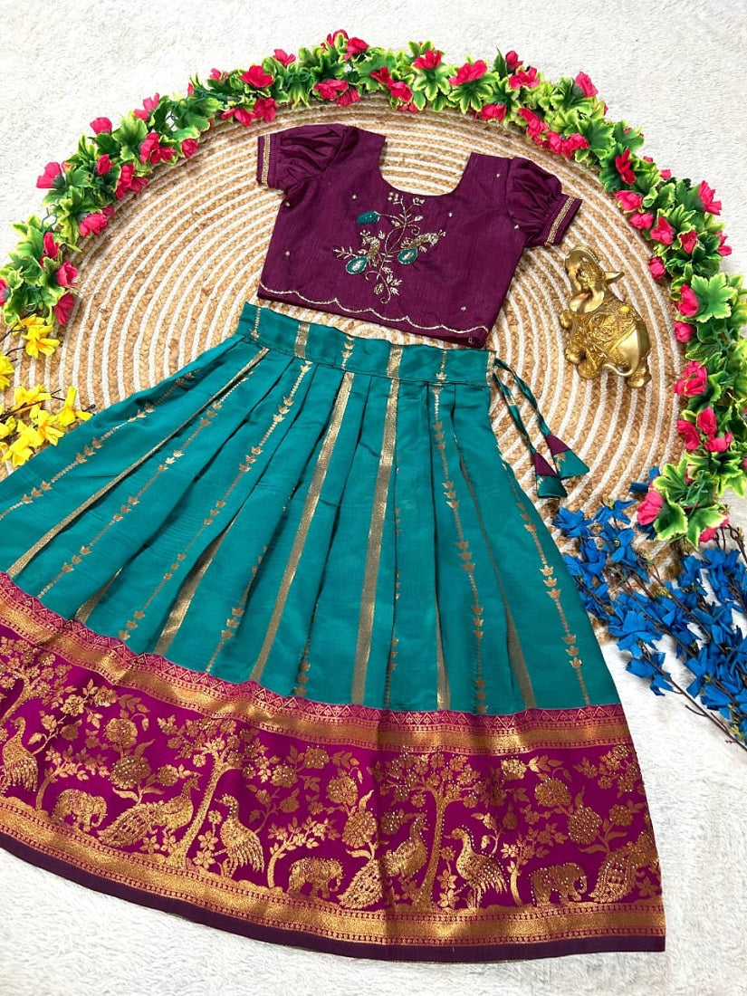 Evanik Teal Purple Pure Silk Zari With Heavy Maggam Work Lehenga Choli for Kids | Grocsy