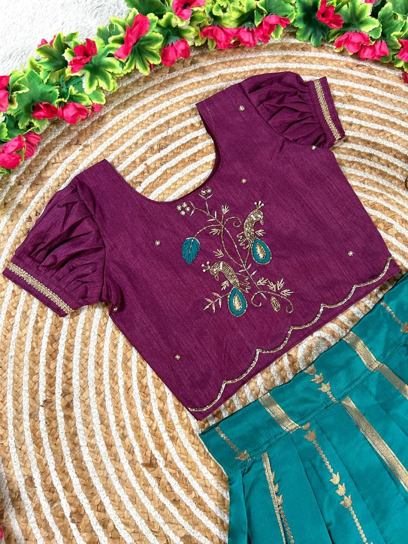 Evanik Teal Purple Pure Silk Zari With Heavy Maggam Work Lehenga Choli for Kids | Grocsy