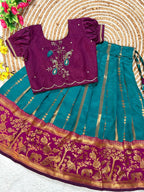 Evanik Teal Purple Pure Silk Zari With Heavy Maggam Work Lehenga Choli for Kids | Grocsy
