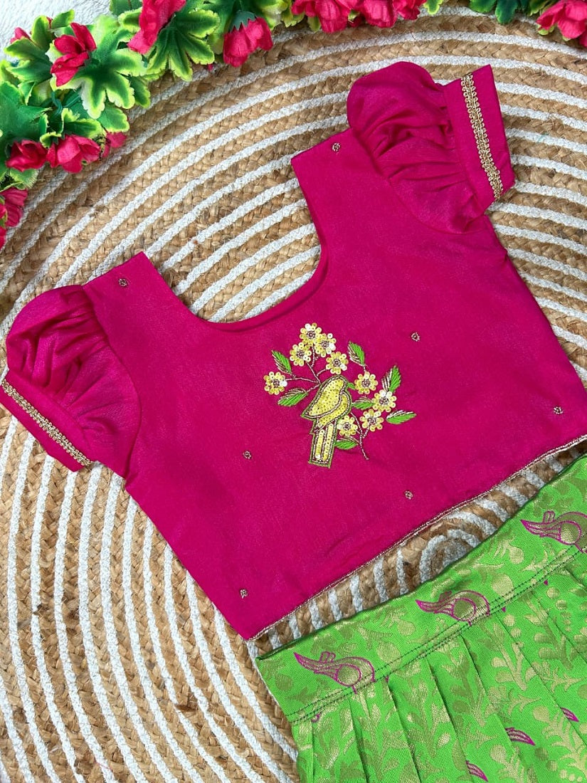 Evanik Parrot Pure Silk Zari With Heavy Maggam Work Lehenga Choli for Kids | Grocsy