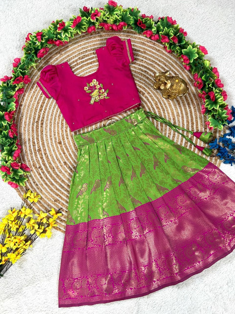 Evanik Parrot Pure Silk Zari With Heavy Maggam Work Lehenga Choli for Kids | Grocsy