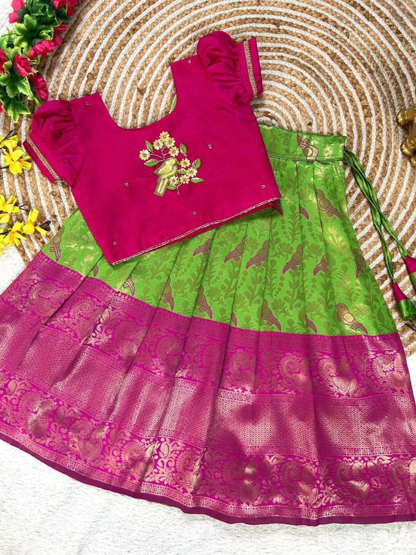 Evanik Parrot Pure Silk Zari With Heavy Maggam Work Lehenga Choli for Kids | Grocsy