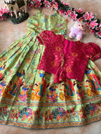 Evanik Green Designer Viscose Natural Crepe Position With Kalamkari Work Gown Koti for Kids | Grocsy
