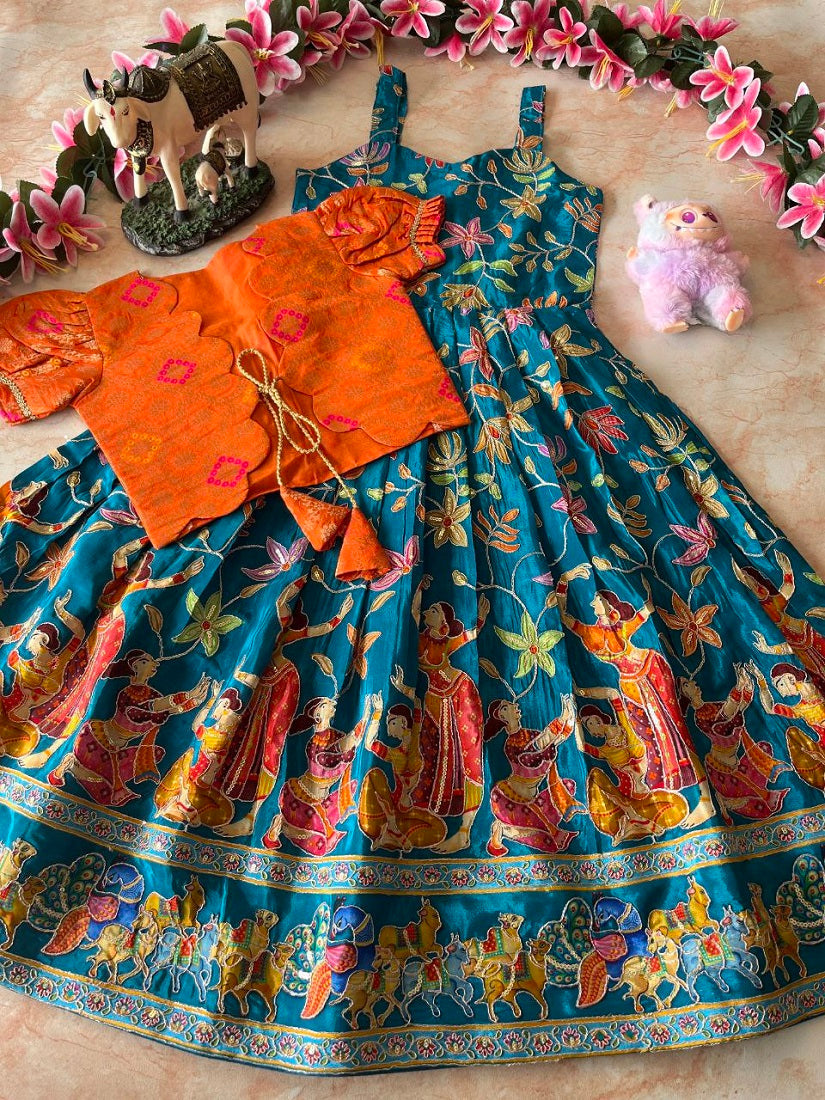 Evanik Blue Designer Viscose Natural Crepe Position With Kalamkari Work Gown Koti for Kids | Grocsy
