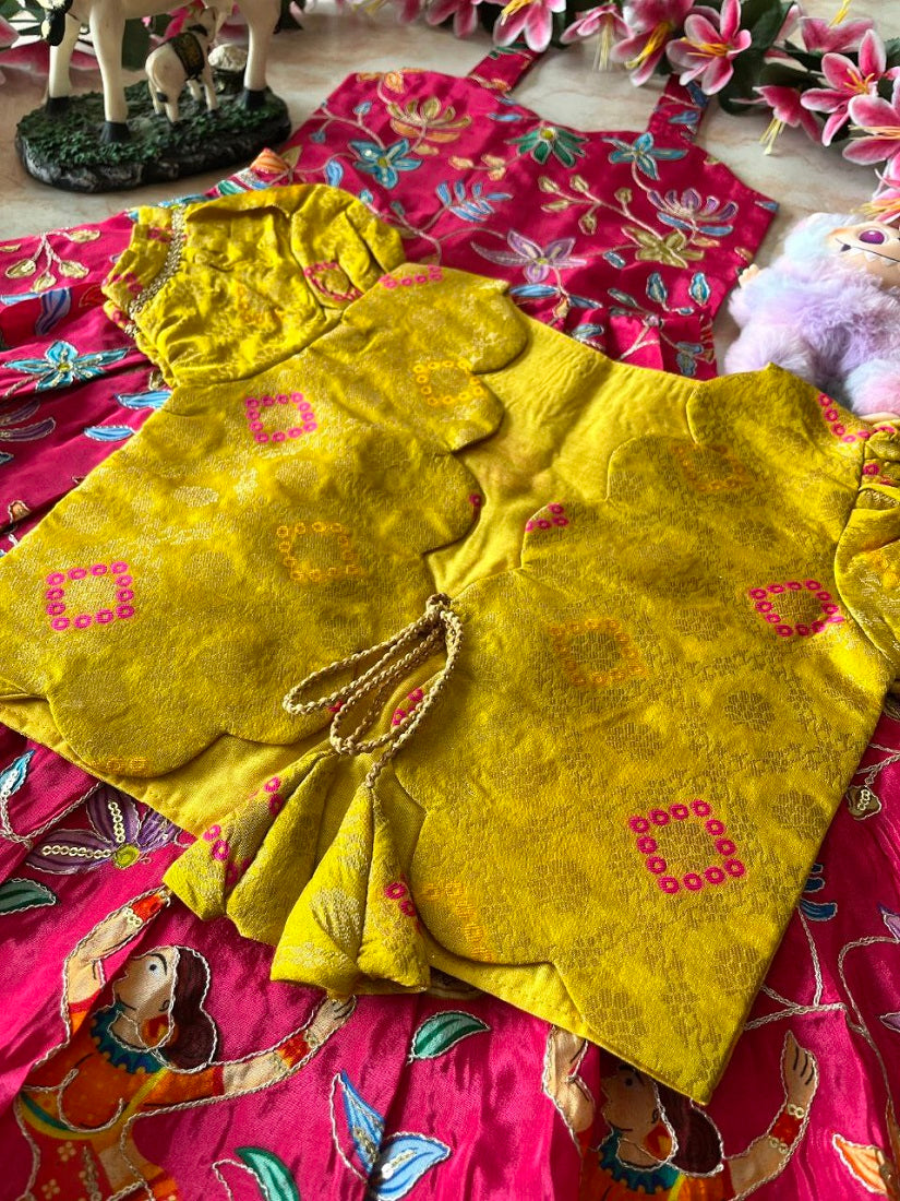 Evanik Pink Designer Viscose Natural Crepe Position With Kalamkari Work Gown Koti for Kids | Grocsy