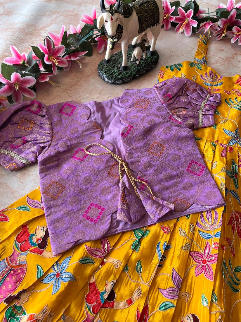 Evanik Yellow Designer Viscose Natural Crepe Position With Kalamkari Work Gown Koti for Kids | Grocsy