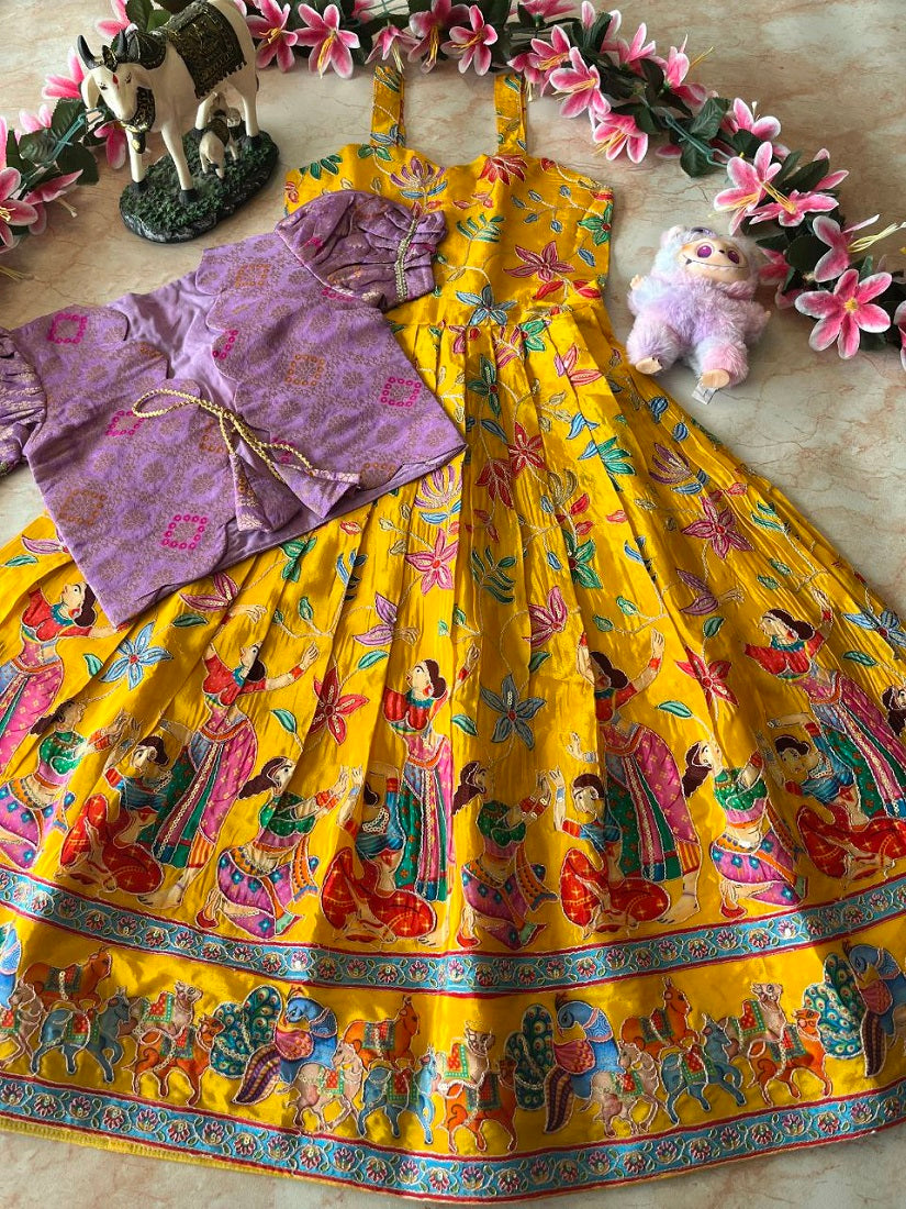 Evanik Yellow Designer Viscose Natural Crepe Position With Kalamkari Work Gown Koti for Kids | Grocsy
