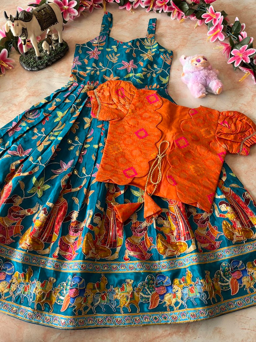 Evanik Blue Designer Viscose Natural Crepe Position With Kalamkari Work Gown Koti for Kids | Grocsy