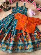 Evanik Blue Designer Viscose Natural Crepe Position With Kalamkari Work Gown Koti for Kids | Grocsy