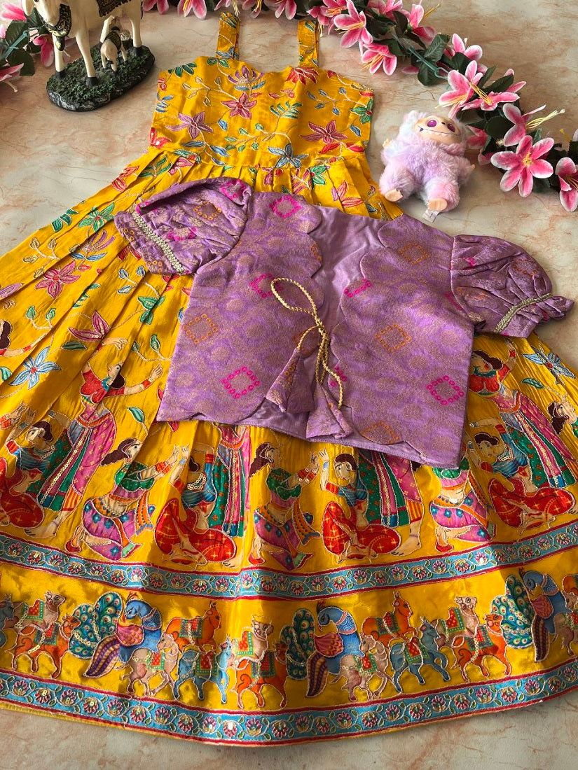 Evanik Yellow Designer Viscose Natural Crepe Position With Kalamkari Work Gown Koti for Kids | Grocsy