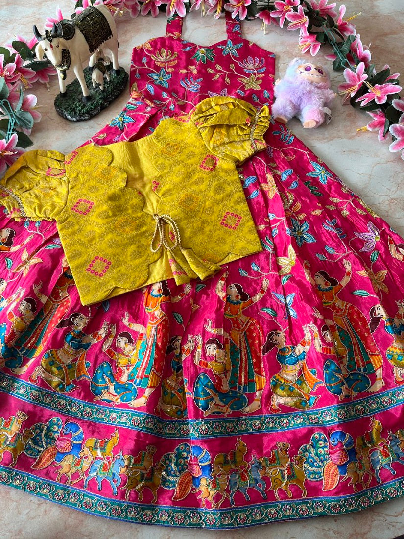 Evanik Pink Designer Viscose Natural Crepe Position With Kalamkari Work Gown Koti for Kids | Grocsy