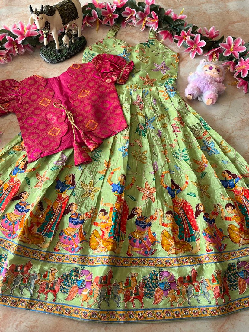 Evanik Green Designer Viscose Natural Crepe Position With Kalamkari Work Gown Koti for Kids | Grocsy