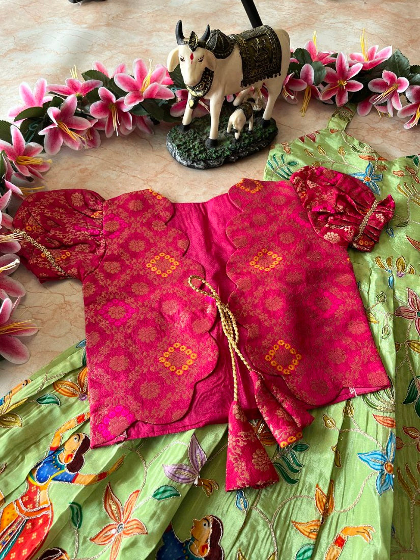 Evanik Green Designer Viscose Natural Crepe Position With Kalamkari Work Gown Koti for Kids | Grocsy