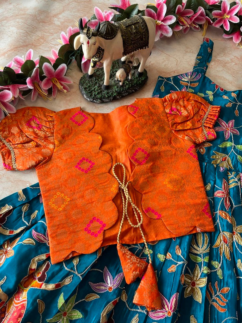 Evanik Blue Designer Viscose Natural Crepe Position With Kalamkari Work Gown Koti for Kids | Grocsy