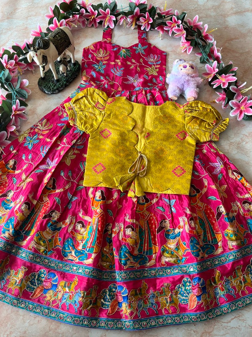 Evanik Pink Designer Viscose Natural Crepe Position With Kalamkari Work Gown Koti for Kids | Grocsy