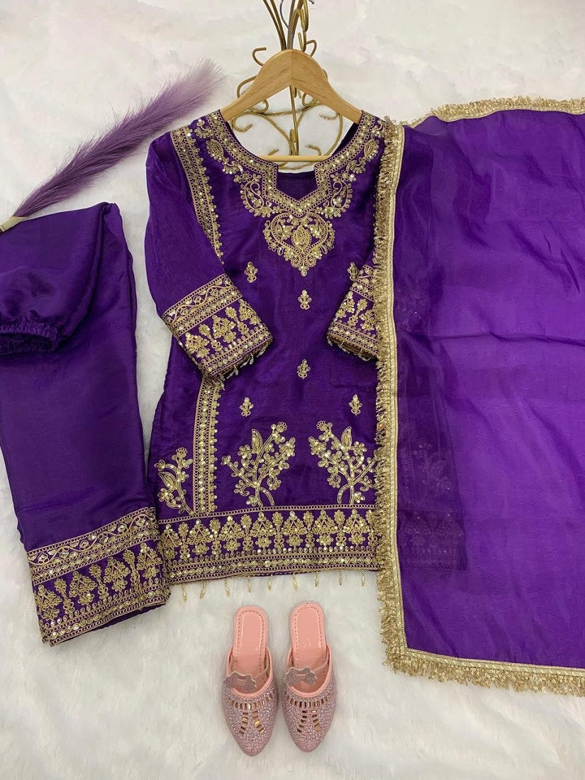 Evanik Purple Designer Party Wear Heavy Silk Kids Top Pant & Dupatta Set | Grocsy