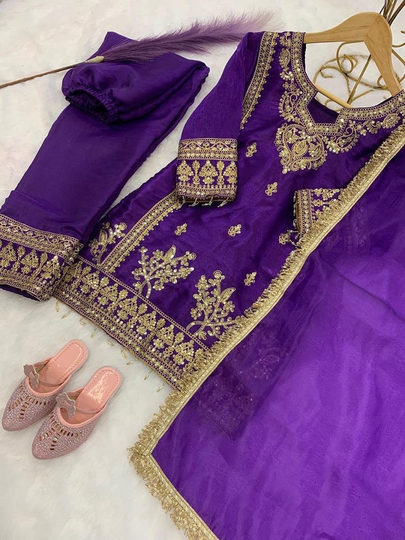 Evanik Purple Designer Party Wear Heavy Silk Kids Top Pant & Dupatta Set | Grocsy
