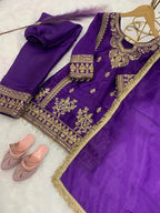 Evanik Purple Designer Party Wear Heavy Silk Kids Top Pant & Dupatta Set | Grocsy