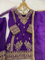 Evanik Purple Designer Party Wear Heavy Silk Kids Top Pant & Dupatta Set | Grocsy
