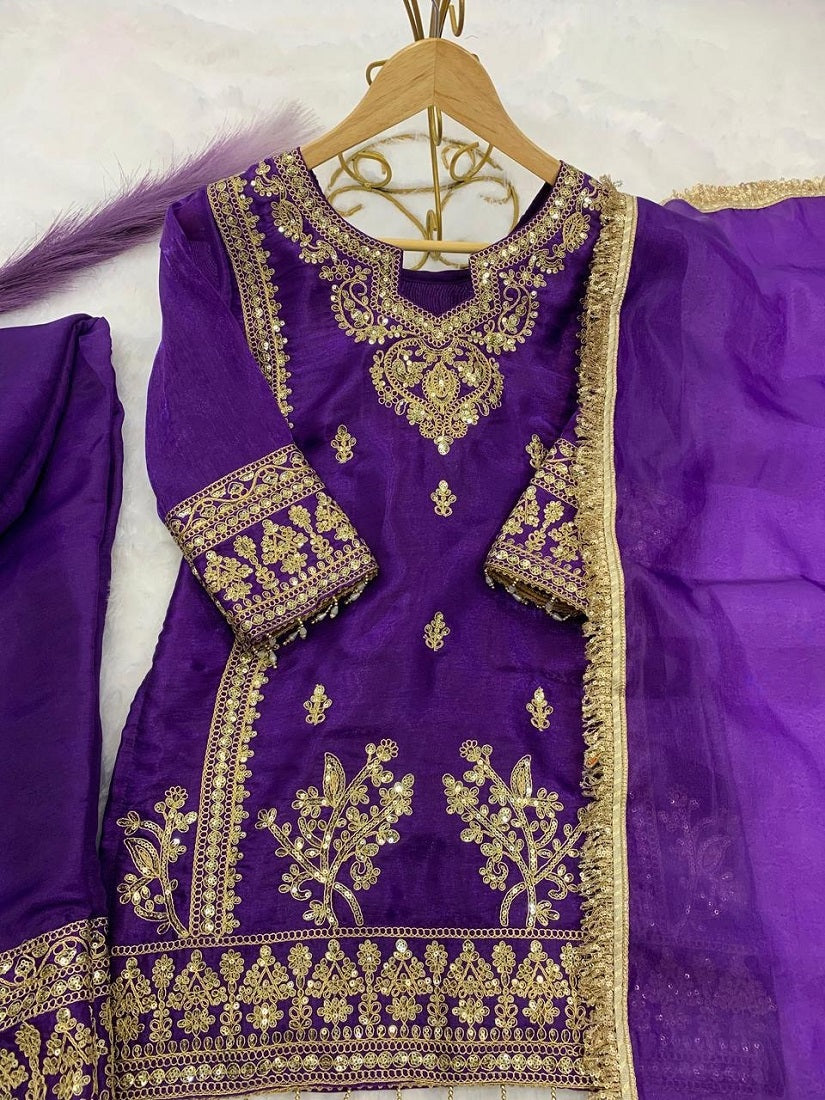 Evanik Purple Designer Party Wear Heavy Silk Kids Top Pant & Dupatta Set | Grocsy