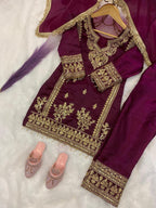 Evanik Purple Designer Party Wear Heavy Silk Kids Top Pant & Dupatta Set | Grocsy