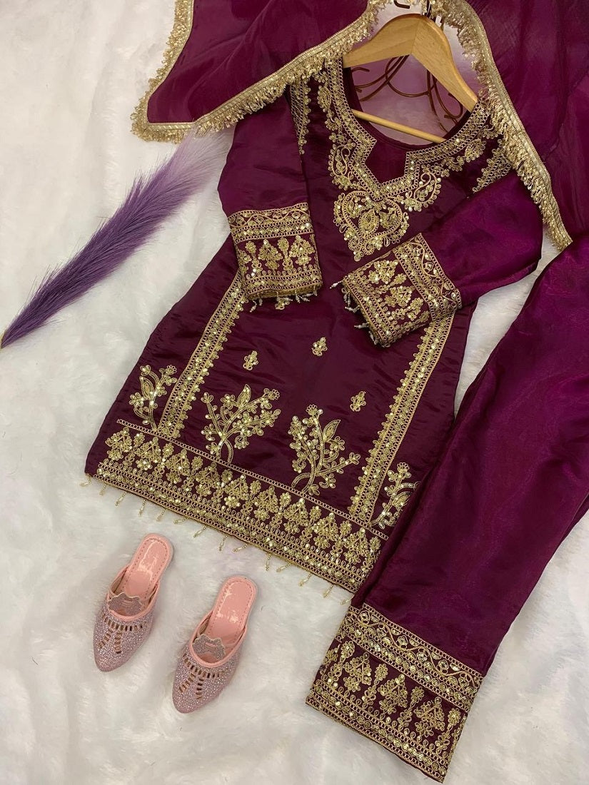 Evanik Purple Designer Party Wear Heavy Silk Kids Top Pant & Dupatta Set | Grocsy