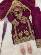 Evanik Purple Designer Party Wear Heavy Silk Kids Top Pant & Dupatta Set | Grocsy