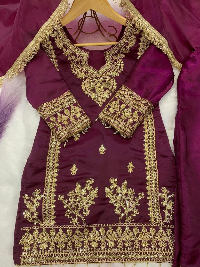 Evanik Purple Designer Party Wear Heavy Silk Kids Top Pant & Dupatta Set | Grocsy