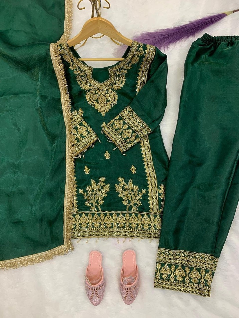 Evanik Green Designer Party Wear Heavy Silk Kids Top Pant & Dupatta Set | Grocsy