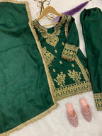 Evanik Green Designer Party Wear Heavy Silk Kids Top Pant & Dupatta Set | Grocsy