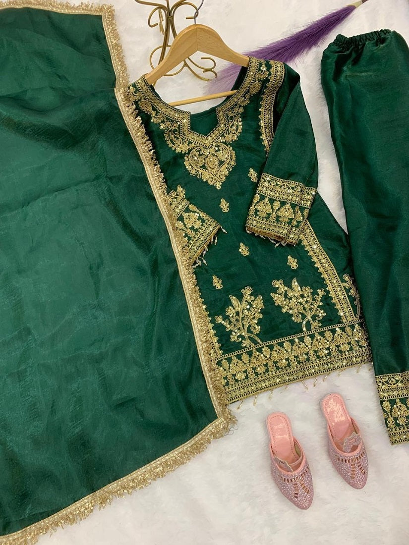 Evanik Green Designer Party Wear Heavy Silk Kids Top Pant & Dupatta Set | Grocsy