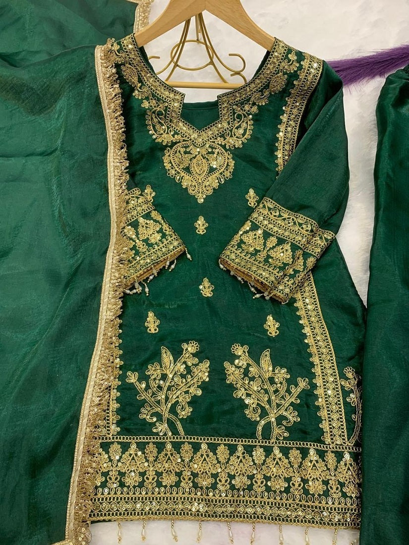 Evanik Green Designer Party Wear Heavy Silk Kids Top Pant & Dupatta Set | Grocsy