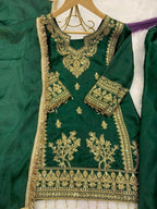 Evanik Green Designer Party Wear Heavy Silk Kids Top Pant & Dupatta Set | Grocsy