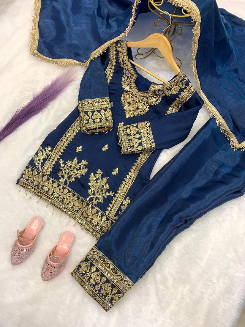 Evanik Blue Designer Party Wear Heavy Silk Kids Top Pant & Dupatta Set | Grocsy