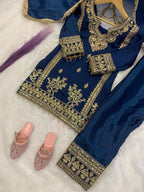Evanik Blue Designer Party Wear Heavy Silk Kids Top Pant & Dupatta Set | Grocsy