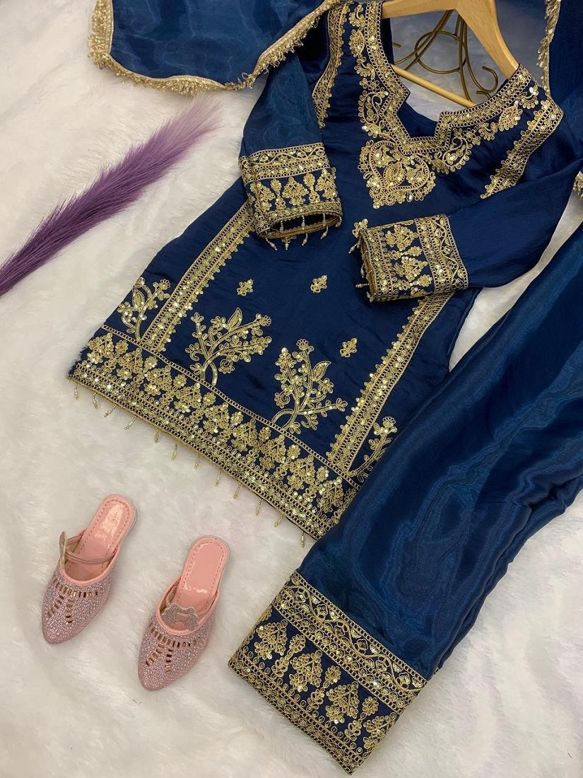 Evanik Blue Designer Party Wear Heavy Silk Kids Top Pant & Dupatta Set | Grocsy