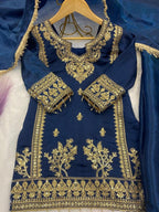 Evanik Blue Designer Party Wear Heavy Silk Kids Top Pant & Dupatta Set | Grocsy