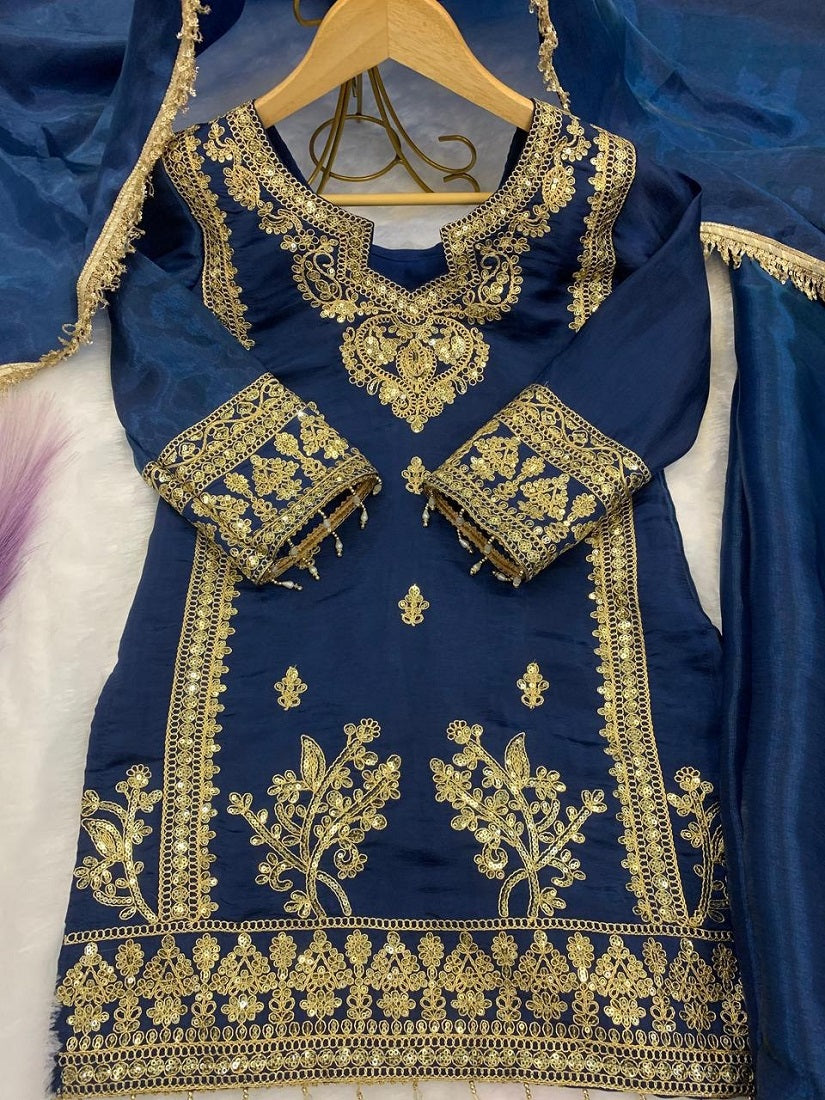 Evanik Blue Designer Party Wear Heavy Silk Kids Top Pant & Dupatta Set | Grocsy