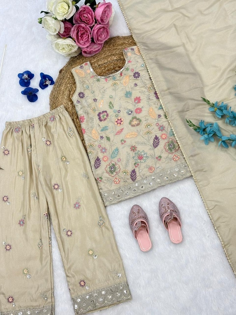 Evanik Girls' Beige Embroidered Kurta With Palazzos & Dupatta Set - Ethnic Festive Wear | Grocsy