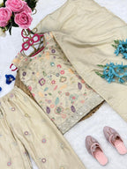 Evanik Girls' Beige Embroidered Kurta With Palazzos & Dupatta Set - Ethnic Festive Wear | Grocsy