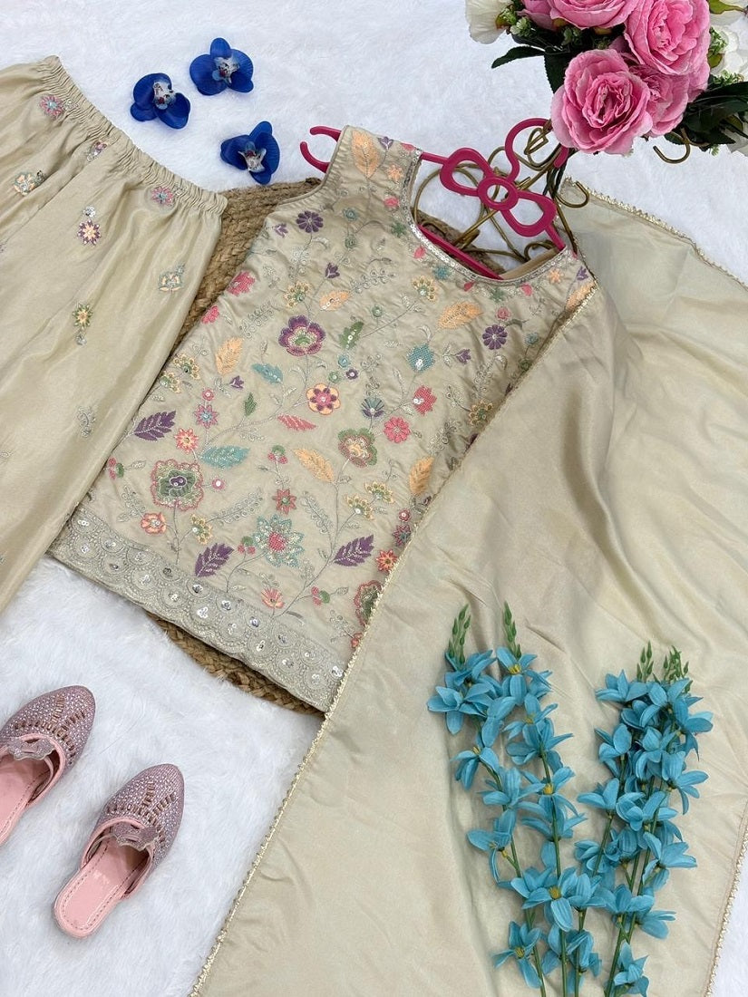 Evanik Girls' Beige Embroidered Kurta With Palazzos & Dupatta Set - Ethnic Festive Wear | Grocsy