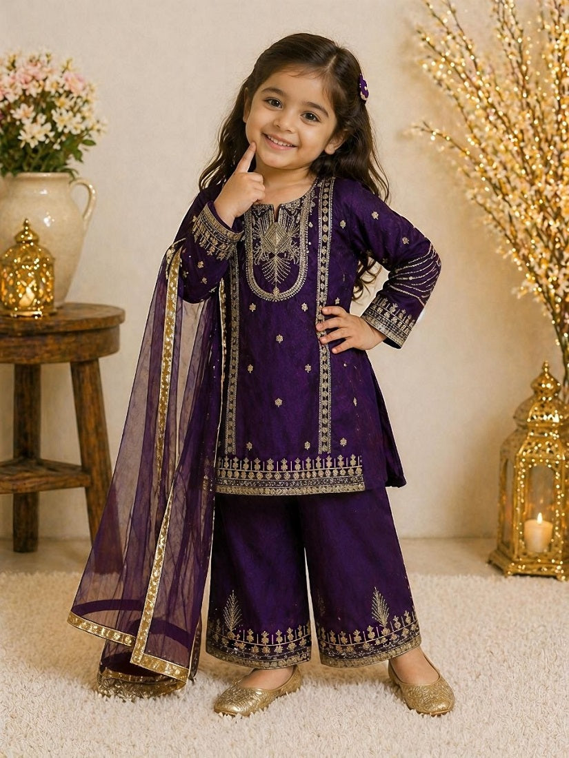 Evanik Purple Embroidered Sequence Work Fendy Silk Kids Kurta Set | Grocsy