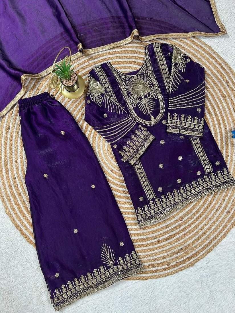 Evanik Purple Embroidered Sequence Work Fendy Silk Kids Kurta Set | Grocsy
